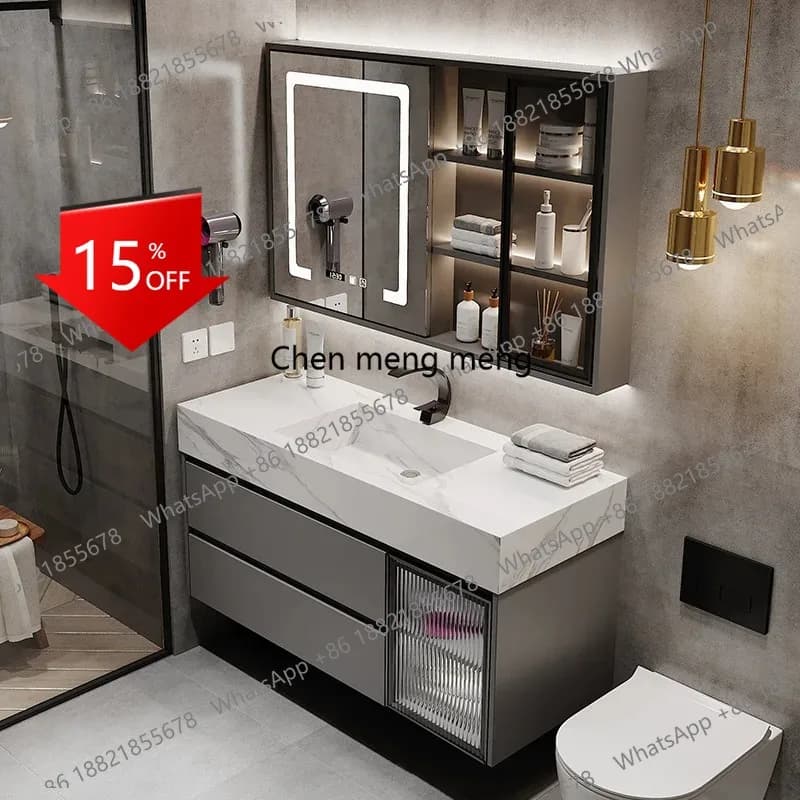 Set Lavabo E153, Mobili Bagno di Lusso con Top in Pietra, Armadietto in Legno Massello, Specchio Intelligente