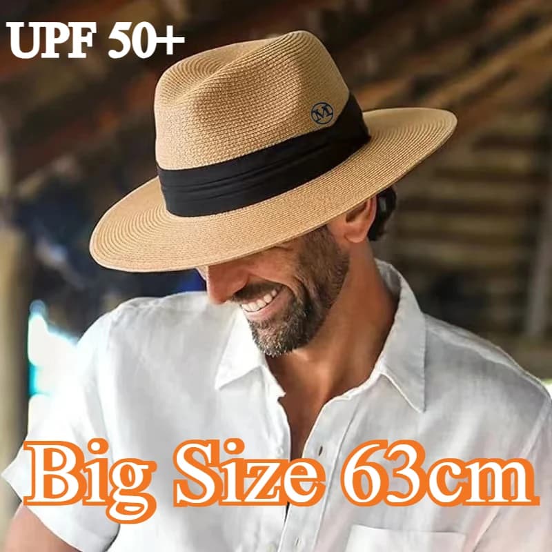 Big Size XL 63cm Travel Panama Jazz Straw Hat Summer Sun Hats for Women Men Wedding Wide Brim Fedora Straw Beach Hat UV UPF 50+