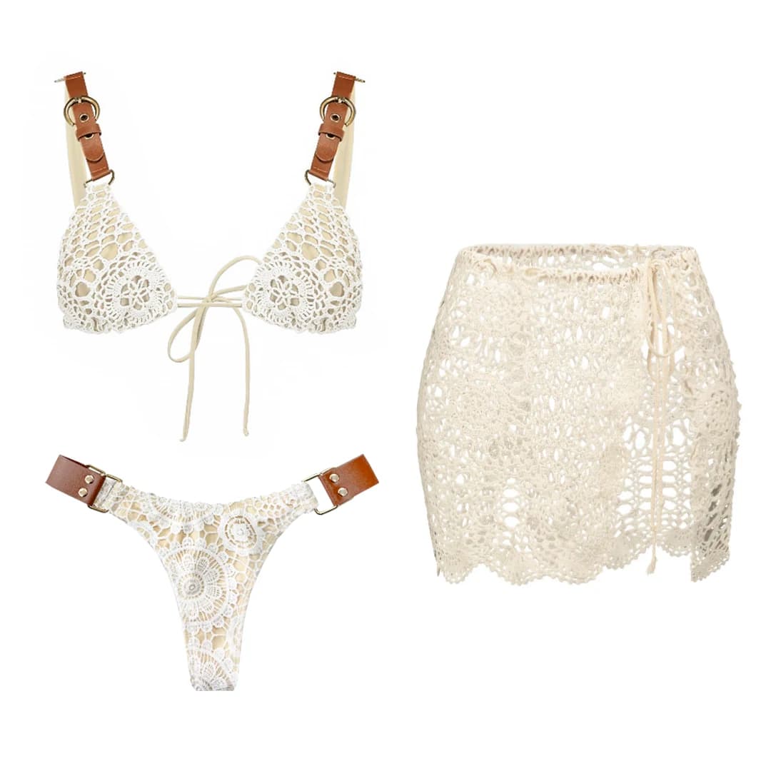 Set Bikini 3 Pezzi in Crochet Bianco, Costume da Bagno Sexy Push-Up per Donne, Biquini Brasiliano con Gonna da Spiaggia, Micro Bikini