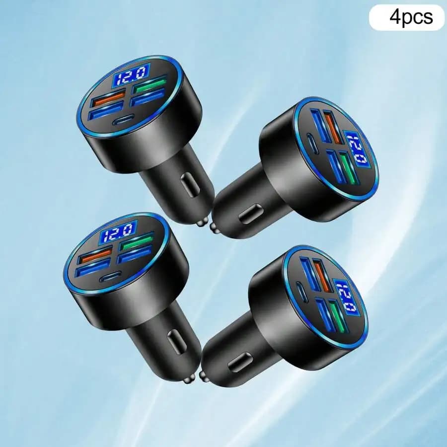 4-Pack Fast Charging Car Charger With USB-C And USB-A Ports LED Voltage Display For Smartphones Tablets