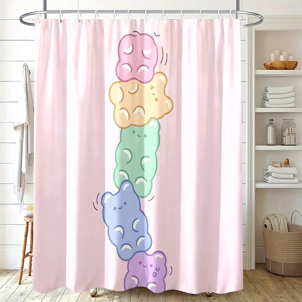 Tenda da doccia con orsetti carini, stampa di orsetti gommosi impilati in stile Kawaii, decorazione per bagno in stile cartone animato pastello, tessuto in poliestere impermeabile