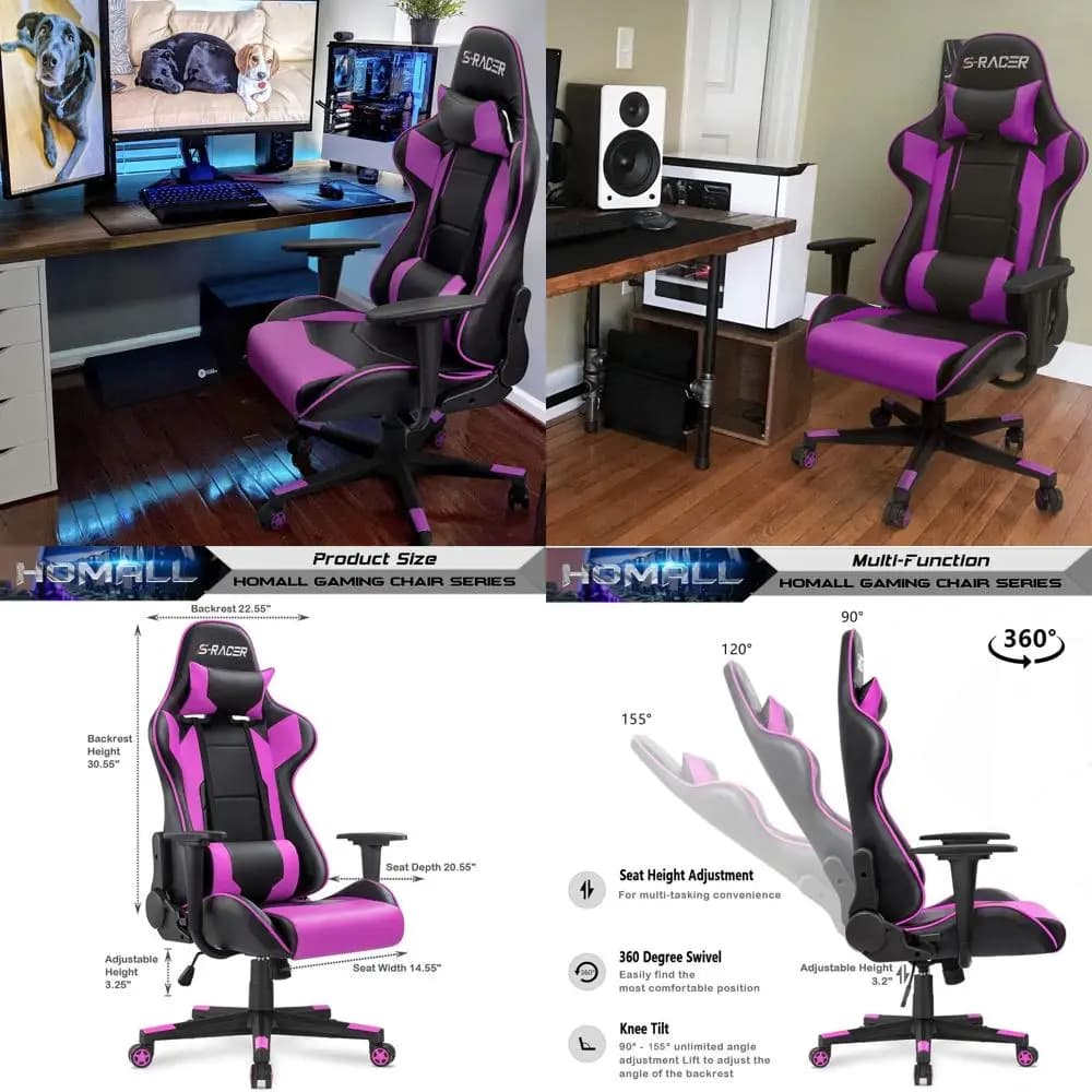 Sedia Girevole Ergonomica in Pelle con Schienale Alto, Supporto Lombare e Poggiapiedi per Gaming e Ufficio (Viola)