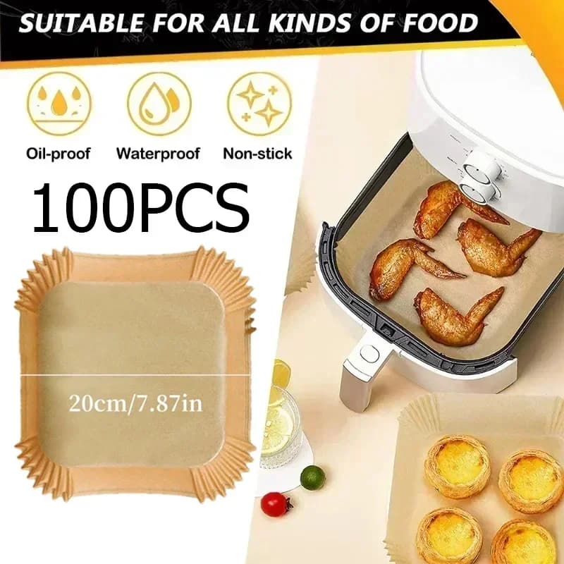 100 Pezzi Carta da Forno Monouso per Friggitrice ad Aria, Tappetino Antiaderente e Anti-olio per Forno da Cucina