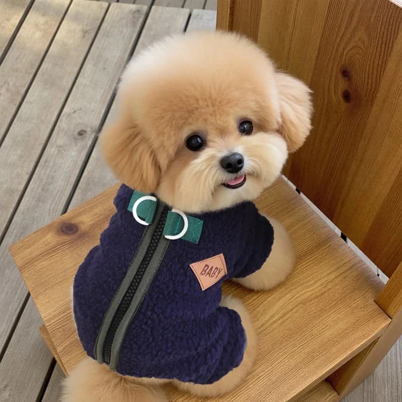Dog Lamb Fleece Zipper Four Leg Jumpsuit With Leash Ring Cozy Warm Sporty Pet Coat For Small Medium Pets Outdoor Walks Christmas