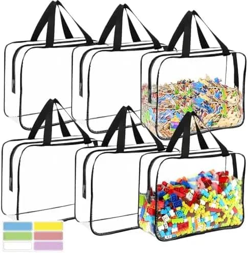 Set di 6 Grandi Borse Portaoggetti con Etichette - Organizzatore Impermeabile in PVC Trasparente per Blocchi, Puzzle, Libri