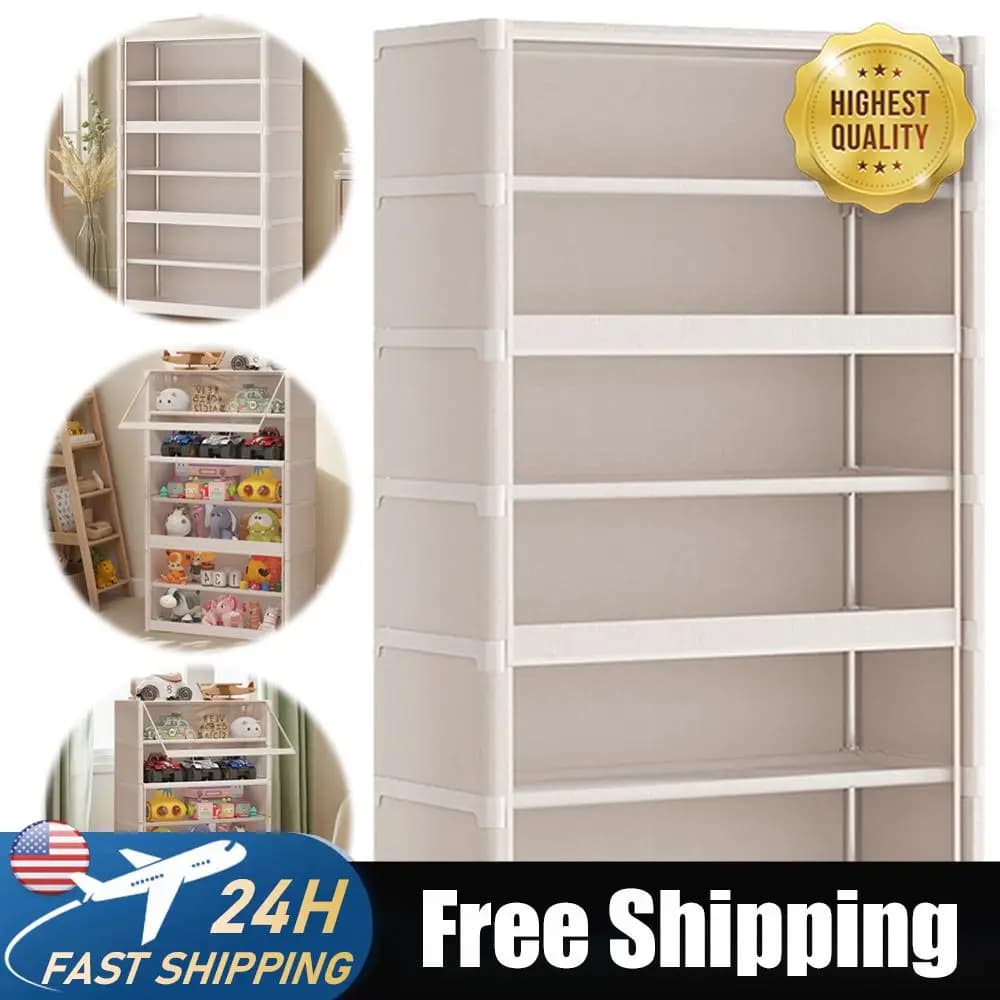 Armadio Portascarpe a 7 Ripiani con Coperchio, Organizer con Porta Trasparente Ribaltabile, Scaffale Portascarpe per Borse e Libri