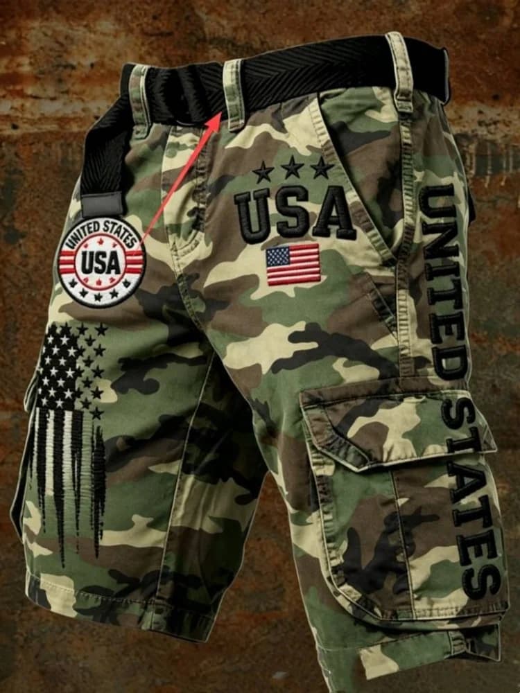 Mens Camo Cargo Shorts USA Flag Print Multi Pocket Military Work Shorts With Belt Summer Outdoor Casual Short Pants