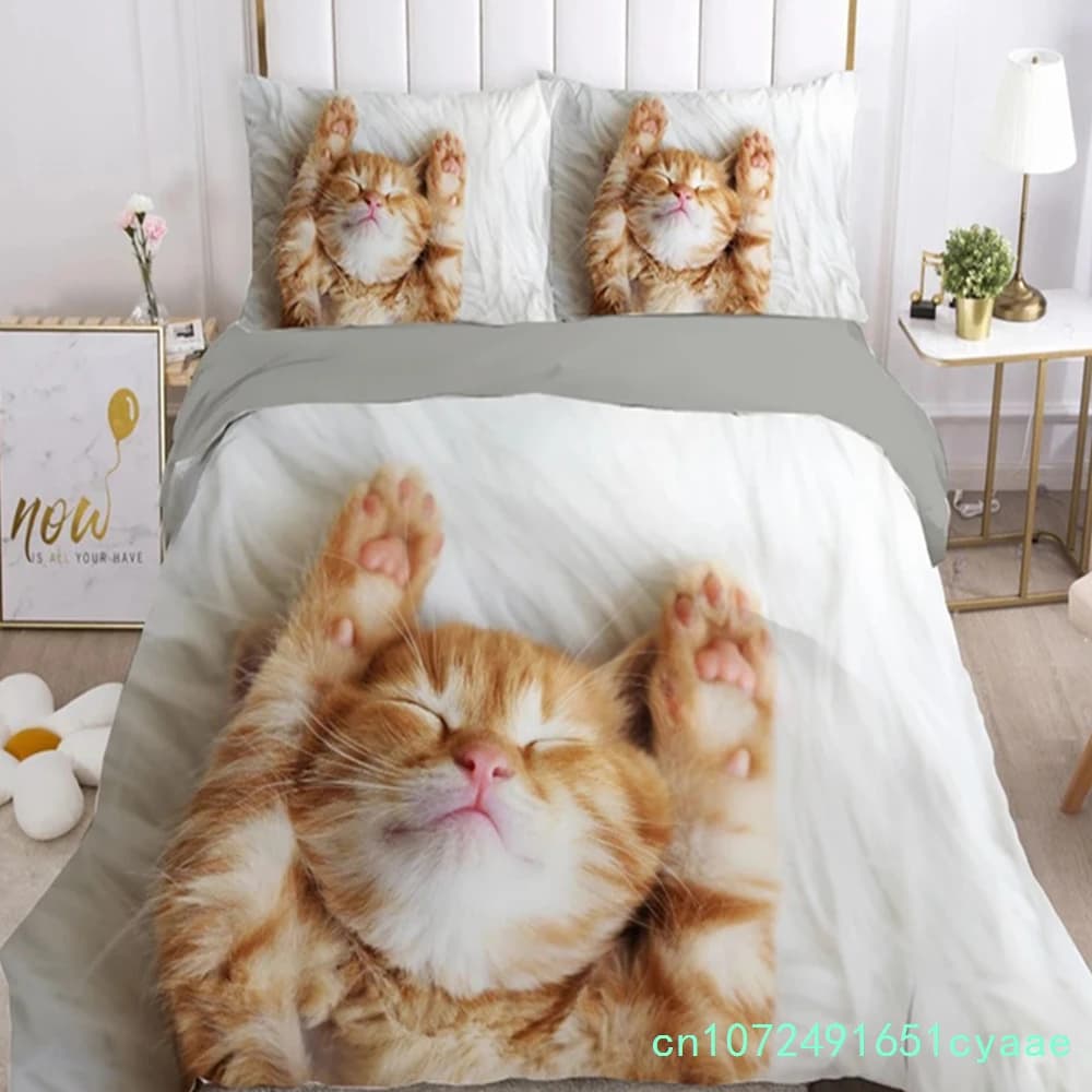 Cat Duvet Cover Set Lovely Animal Kitten Printed Quilt Cover Kids Teens Girl Animal Double Queen King Size Polyester Bedding Set