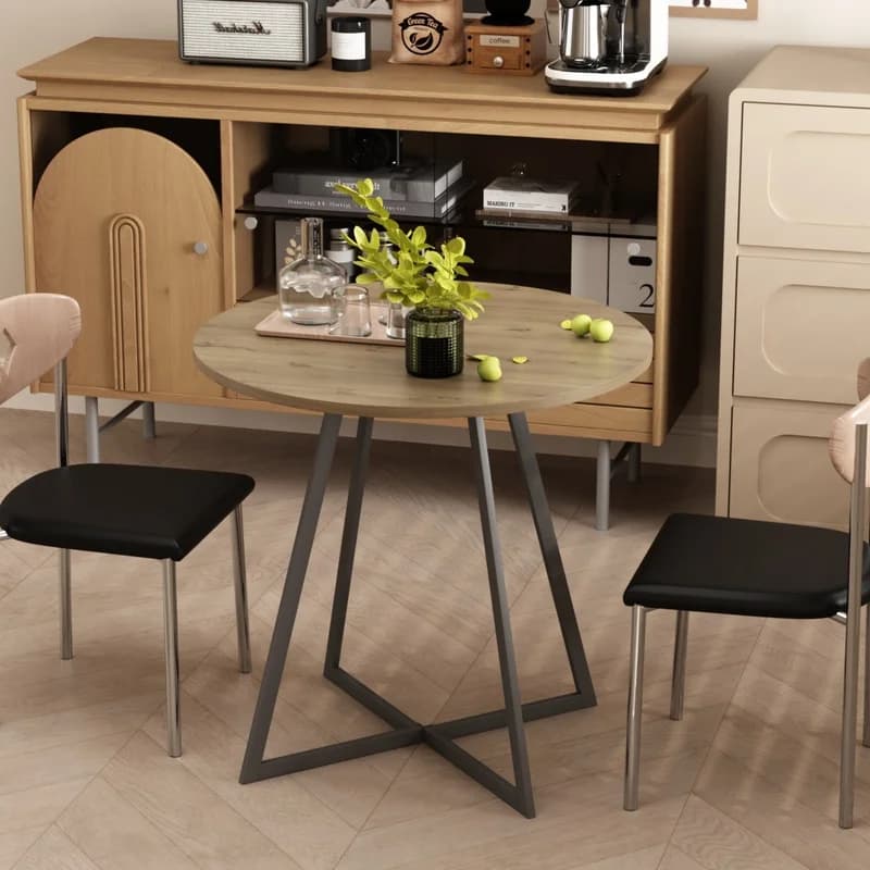 31.5 Inch Round Dining Table, Modern Black Metal Legs, Brown Finish, Fits 2-4 People, Compact Kitchen Table