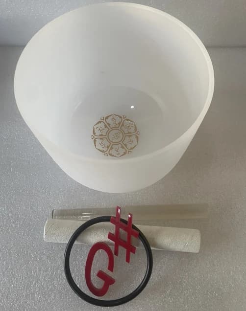 8" G# Thyroid chakra 432hz perfect musical note frosted crystal singing bowl with Kuanyin Mandala image
