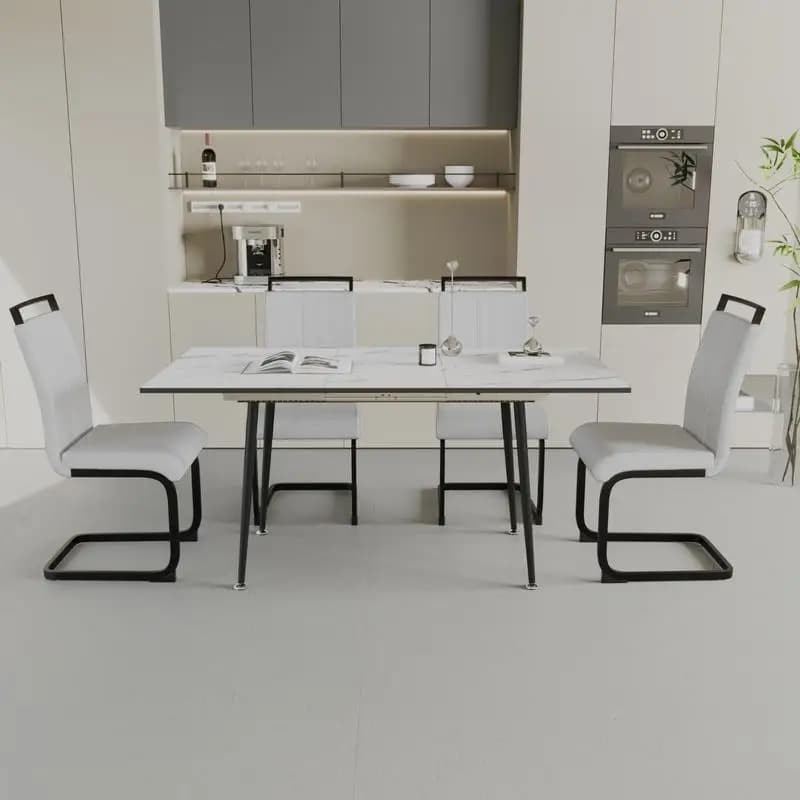 Expandable dining table set for 2-6 persons, padded tubular chairs without C-shaped armrests, elegant kitchen table with metal legs