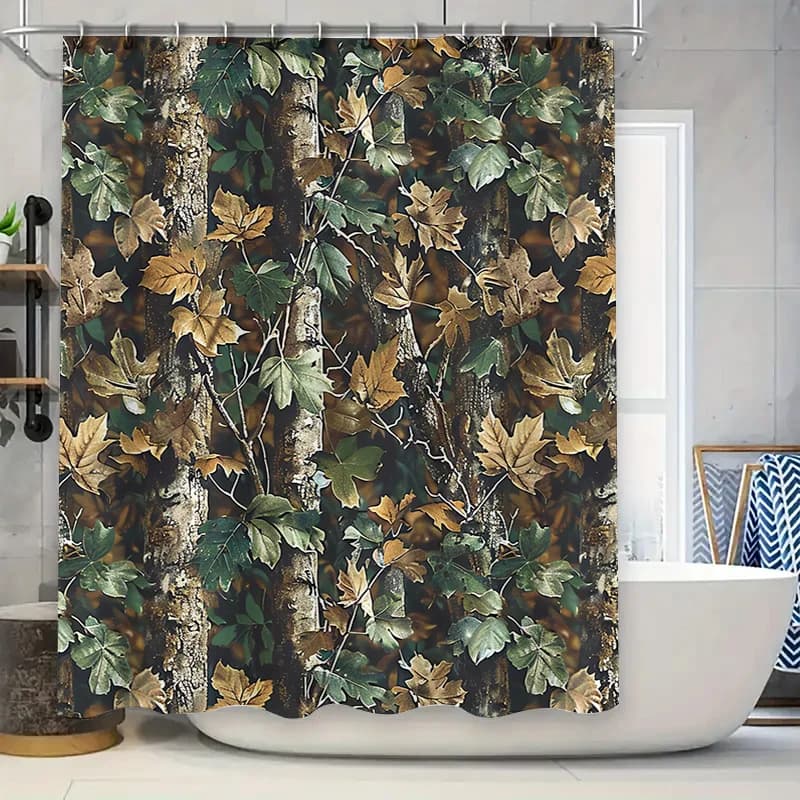 Tenda da doccia con foglie mimetiche Stampa foresta verde scuro per l'arredamento del bagno Portaoggetti da doccia in tessuto impermeabile con anelli