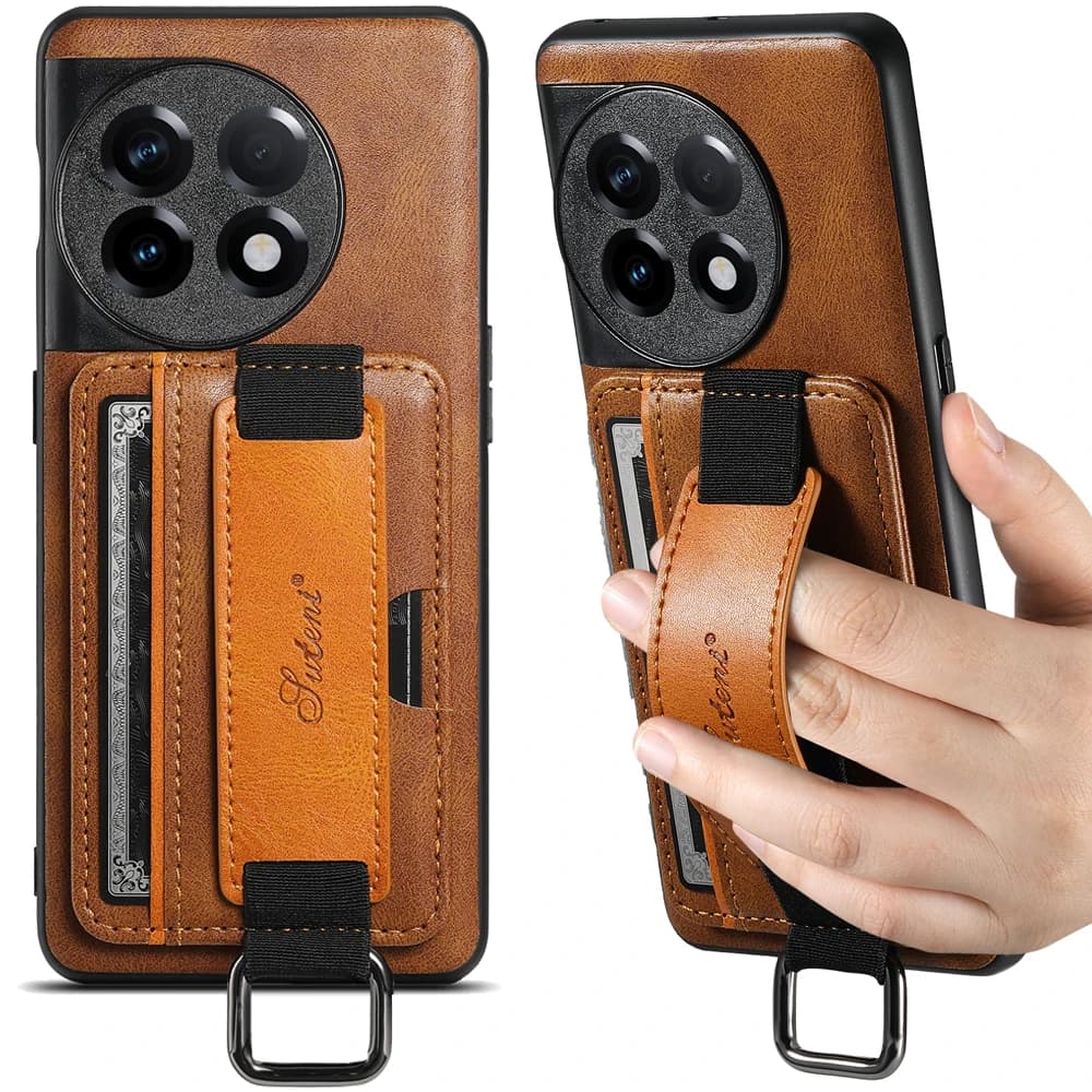 SUTENI Luxury Oil Wax Leather Wristband Grip Case per OnePlus 12 oneplus 11 Metal Hook Belt Stand Card Slot Holder Business Case