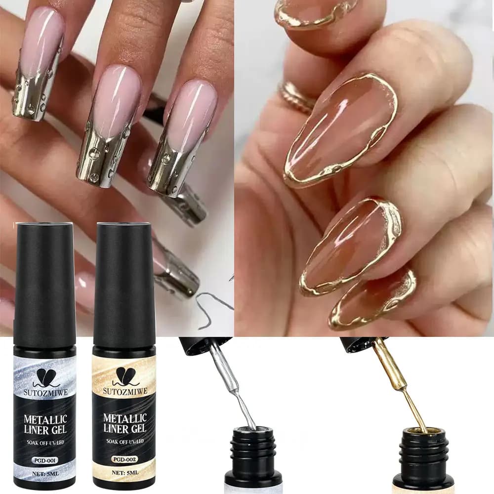 Gel per Unghie Metallizzato 5ML, Effetto Specchio Oro e Argento Super Brillante, Gel UV LED Soak-Off per Manicure Francese e Linee Decorative12
