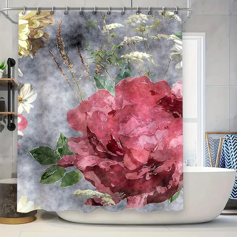 Tenda da doccia floreale acquerello: rosa rossa fiore bianco decorativo bagno appeso a parete decorazione domestica moderna per bagni 72