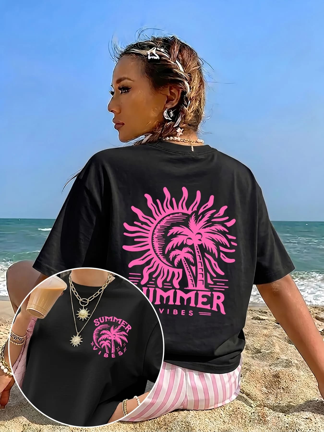 Summer Vibes Coconut Tree Design Women T Shirt Beach Casual Sportswear Y2K Crewneck T-Shirt Oversized Cotton Short Sleeves