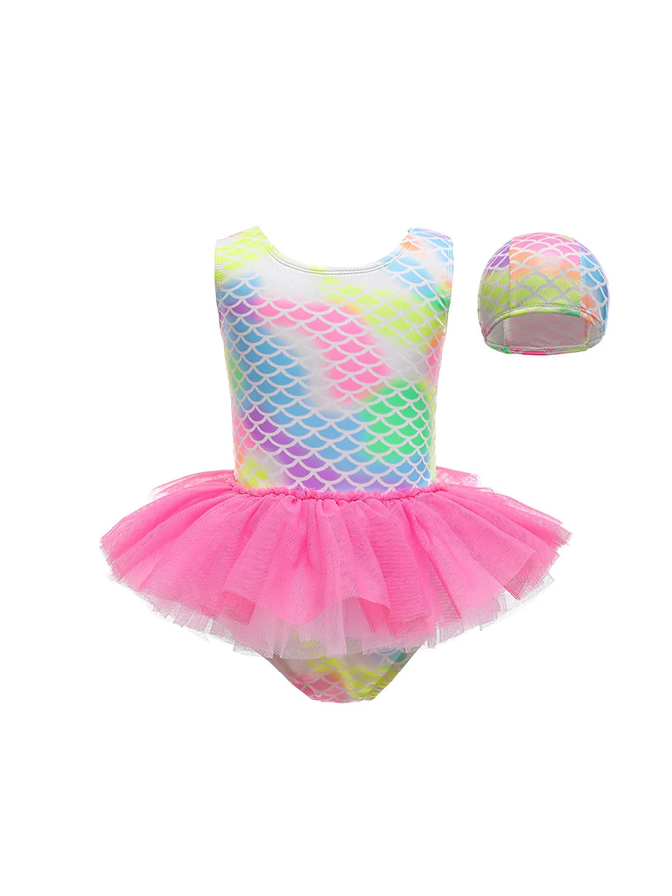 Costume da bagno intero da ragazza con stampa a squame di pesce con cappello gratuito e gonna a rete per il nuoto estivo e le vacanze al mare