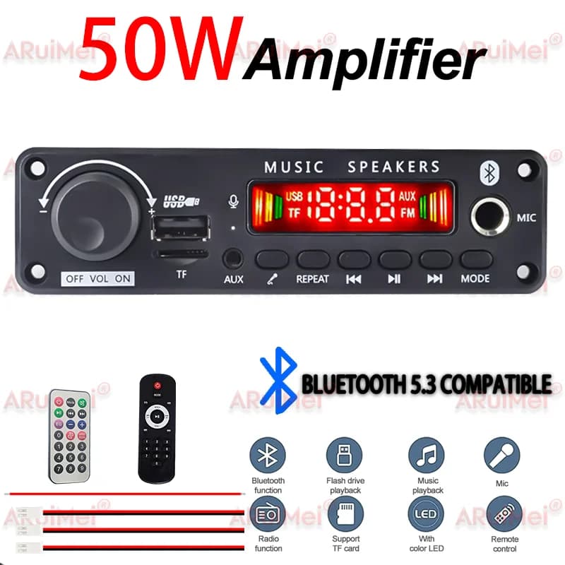 ARuiMei 50W 2*25W Scheda Amplificatore Bluetooth 5.0 Decodificatore MP3 USB/TF/FM Car Stereo 6-18V Call Registrazione Cartella di Commutazione