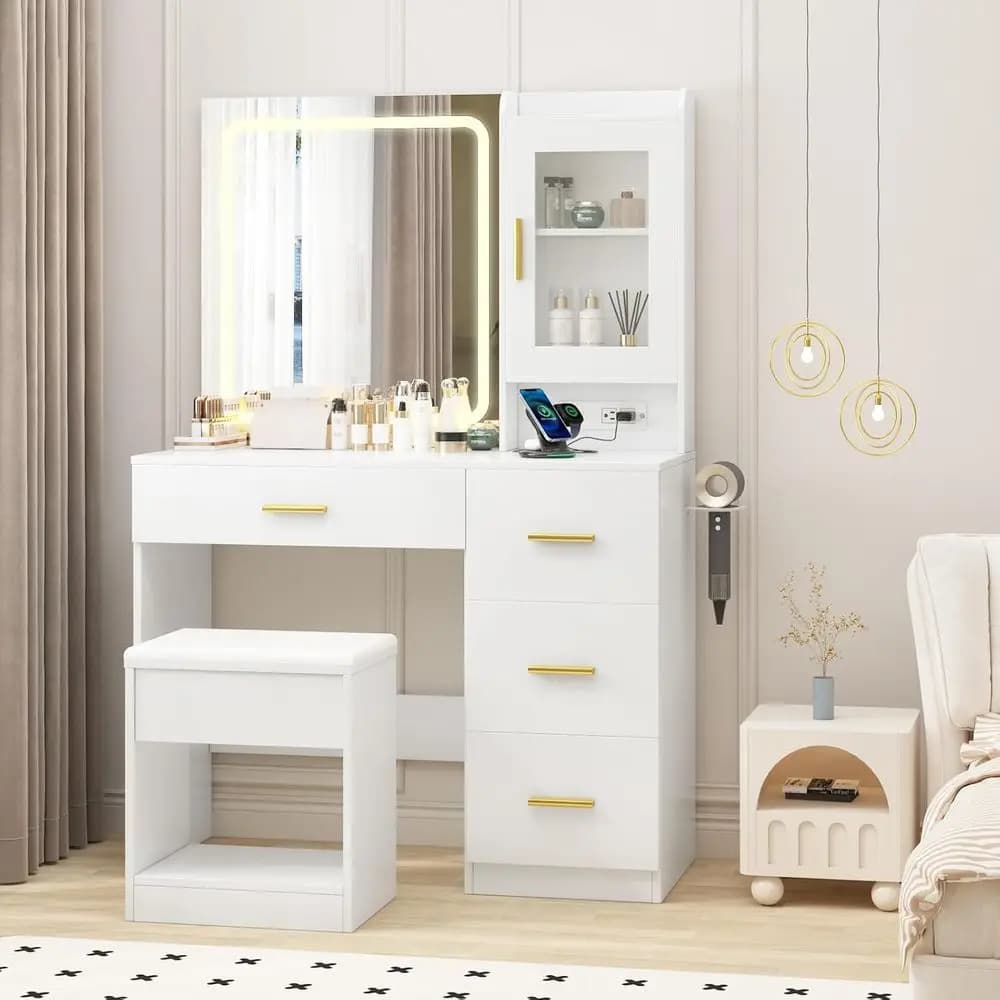 GarveeHome Vanity Desk with Mirror and Lights,ern Makeup Dring Tale with Outlets, StoraStool,4 Ders & Hair Dryer Holder,Vanities