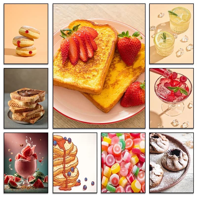 French Pastries Berry Blueberries Cake Cream Puff Poster Wall Art HD Pictures Diamond Painting Room kitchen Home Decor Framele