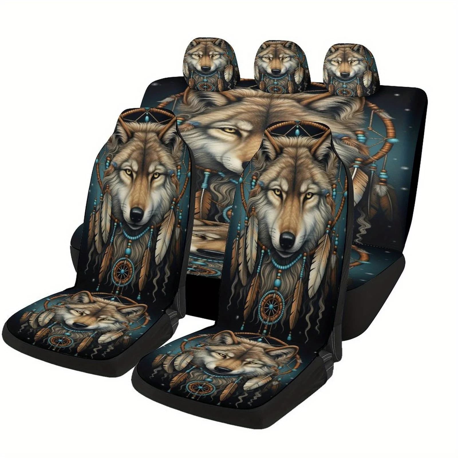 Wolf Dream Catcher Themed Car Seat Cover Set For Most Cars, Fashion Novelty Car Seat Protector Covers Full Set, Car Seat Cover