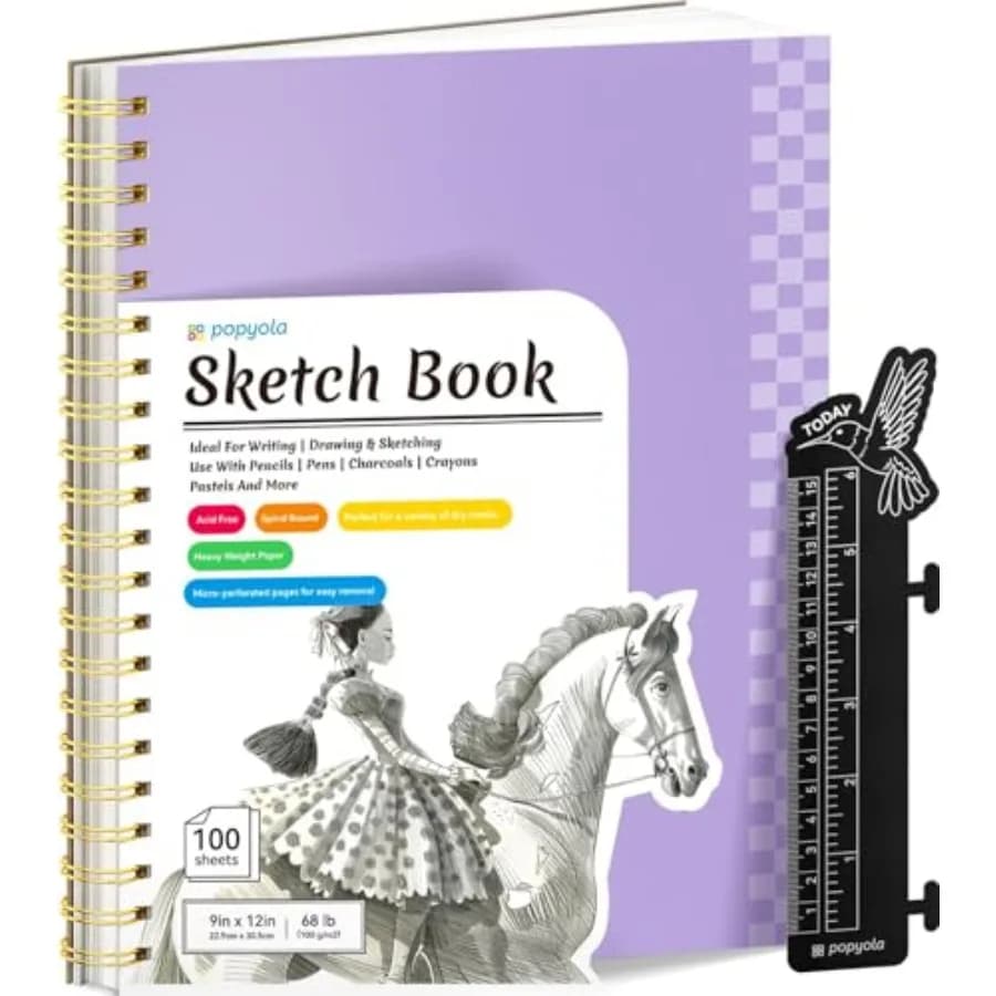 9" x 12" Sketch Book with Bookmark Ruler, 100 Sheets Spiral Sketchbook for Drawing 68lb/100gsm,Acid Free Sketch Pad Artist Sket