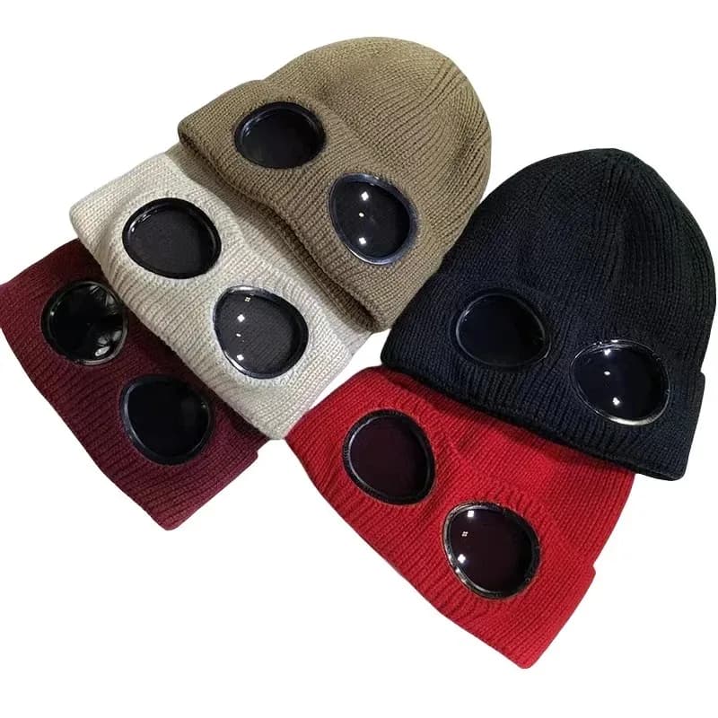 Men Women Knitted Hat with Goggles Windproof Winter Warmer Ski Beanies Soft Warm Anti-slip Ear Protection Crew Hat