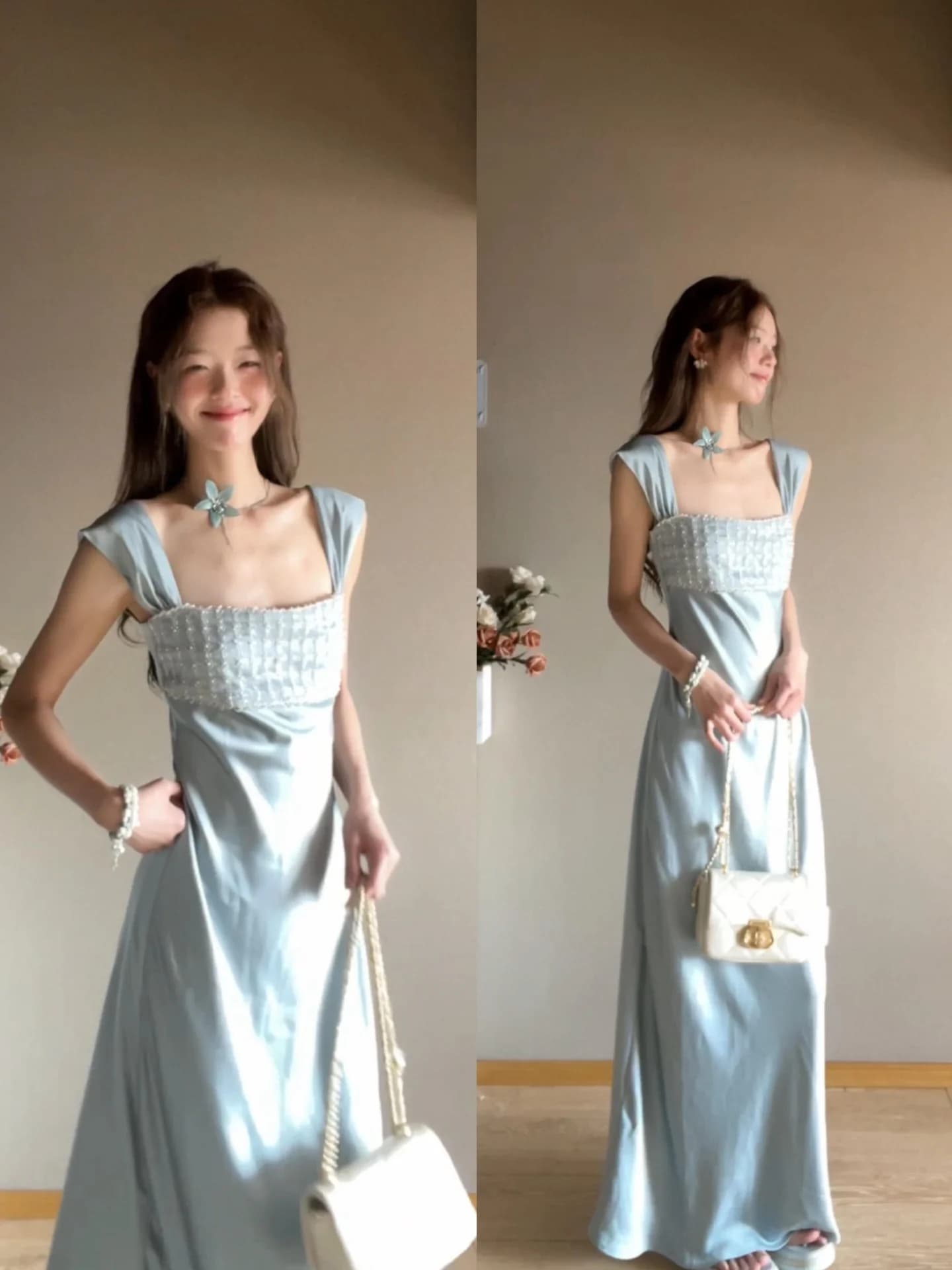 Blue Sequin Satin Bridesmaid Dress Women's Summer French Style Waist-Cinching Long Gown Birthday Party Dress