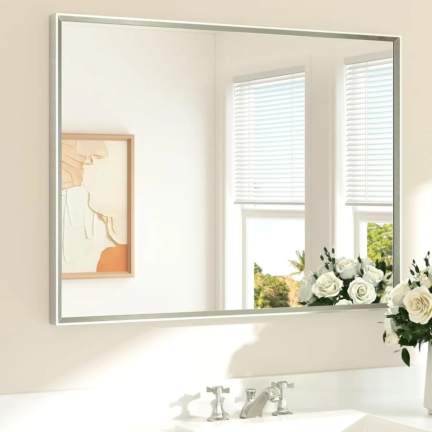 Brushed Nickel Bathroom Mirror Over Sink 40 X 30 Inch Beveled Framed Rectangle Vanity Mirror Bedroom Entryway Living Room Temper
