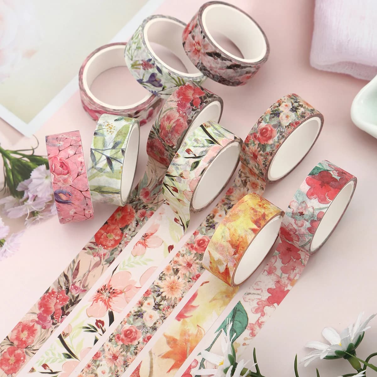 10 Rolls Floral Washi Tape Set for DIY Scrapbooking Journaling,Cute Decorative Craft Tape,Bullet Journal Supplies Gift for Girl