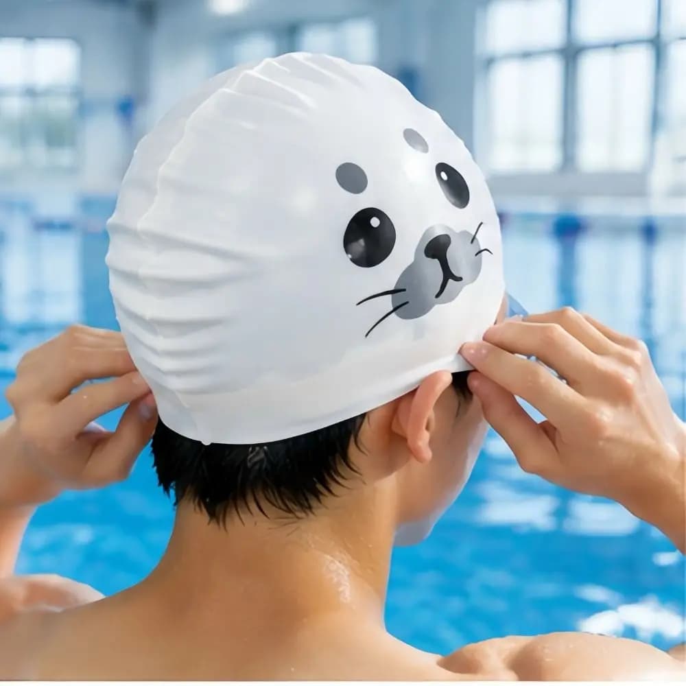 Funny Waterproof Swimming Caps Ear Protection Comfortable Silicone Swim Caps Elastic Animal Printed Seal Swim Hat Water Sports