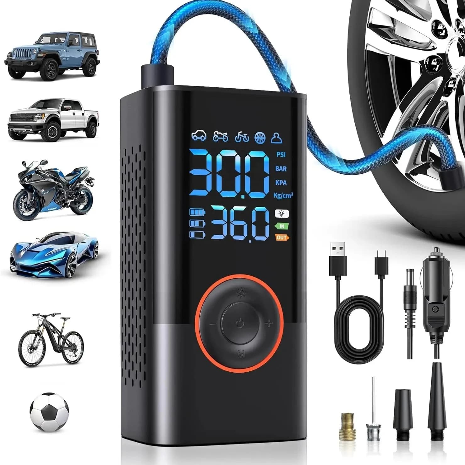 Mini Pompa d'Aria Portatile Senza Fili con Manometro Digitale, Gonfiaggio Rapido 150PSI per Auto, Biciclette, Palloni e Gonfiabili