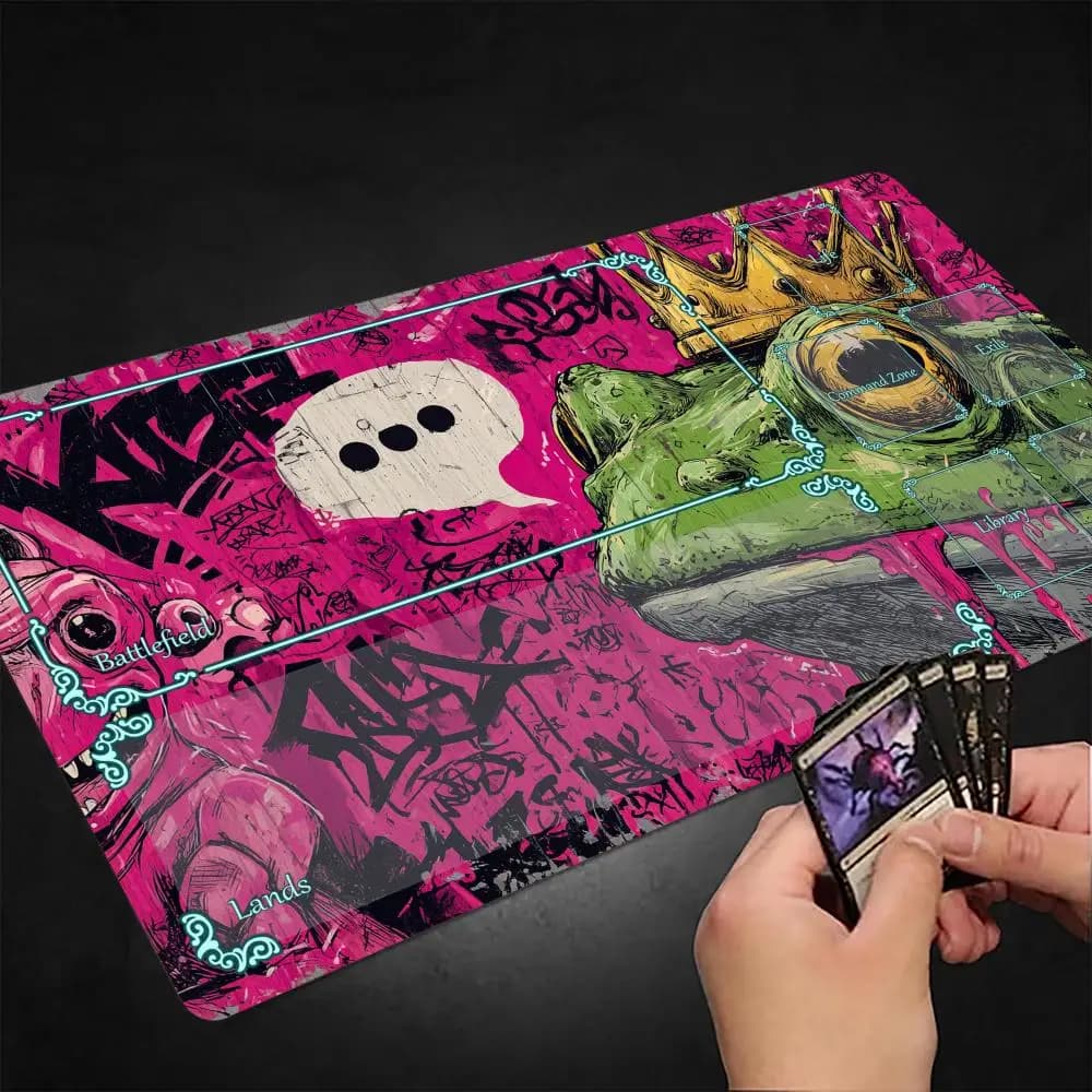 Tappetino da gioco Frog King MTG in stile graffiti street art, tappetino per carte Magic con bordo cucito, tappetino da gioco antiscivolo per tavolo, tappetino da gioco da tavolo per TCG