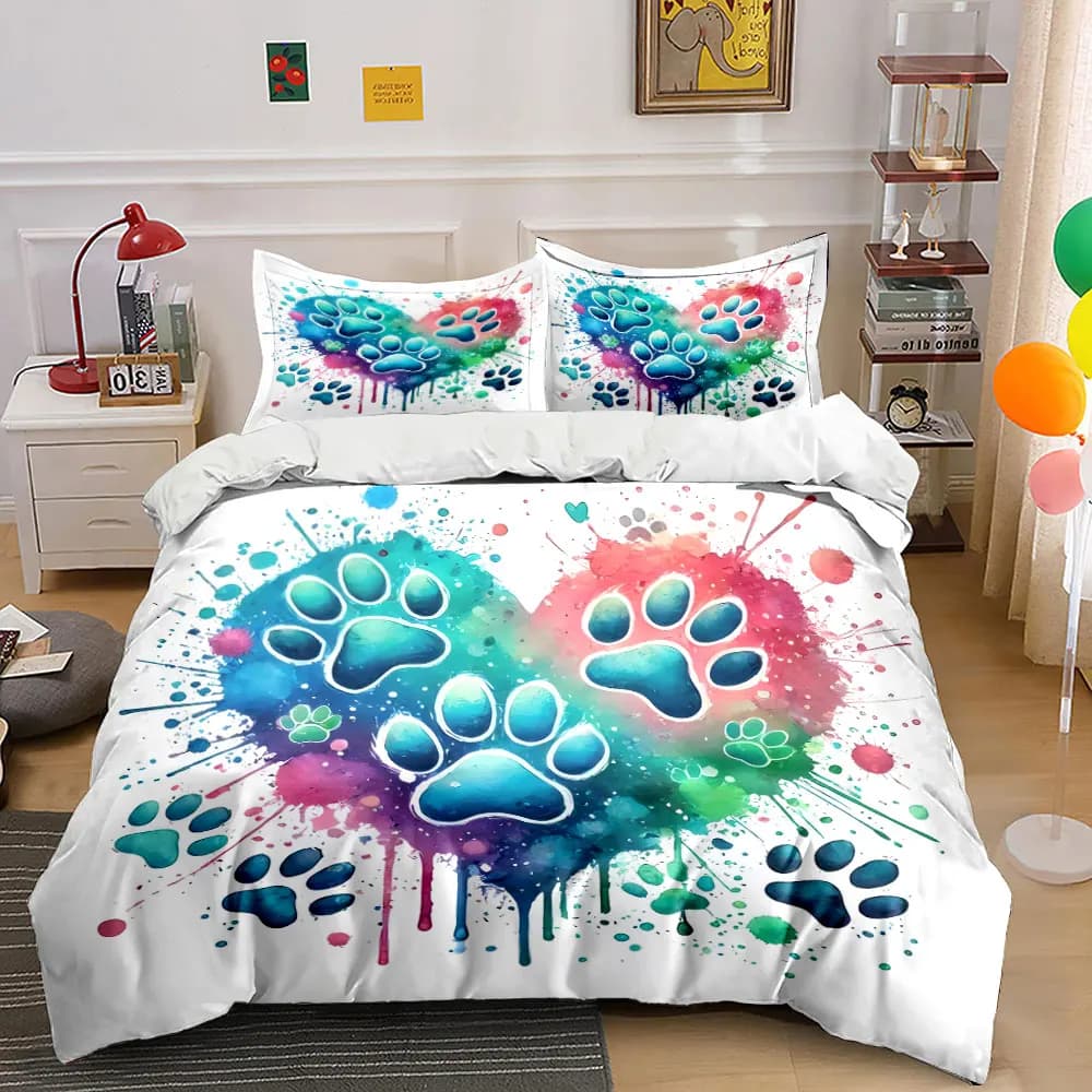 Colorful paw prints with heart splashes Duvet Cover Set with 3D Printing Design Soft Polyester Bedding Set All-Season Comfort