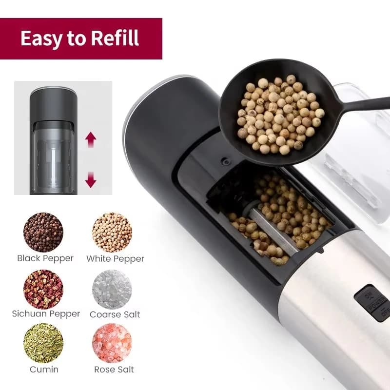 Set Macinapepe e Macinasale Elettrico, Macinatore Automatico di Spezie con Regolazione della Macinatura per Cucina Domestica