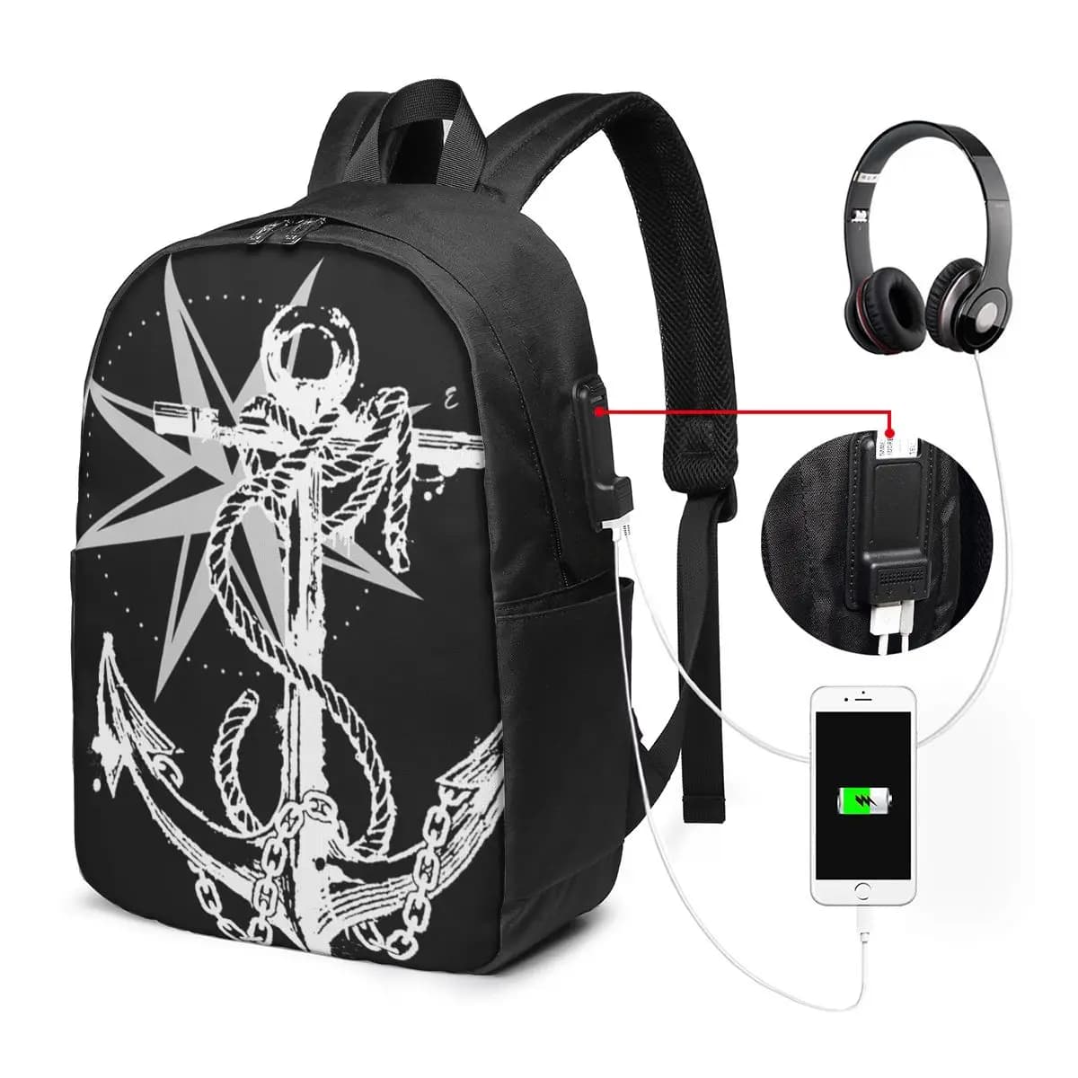 Zaino Nautico con Bussola e Ancora, Borsa da Viaggio per Notebook, Borsa per Computer, Borsa Scolastica per Studenti Universitari, Borsa a Tracolla per Laptop