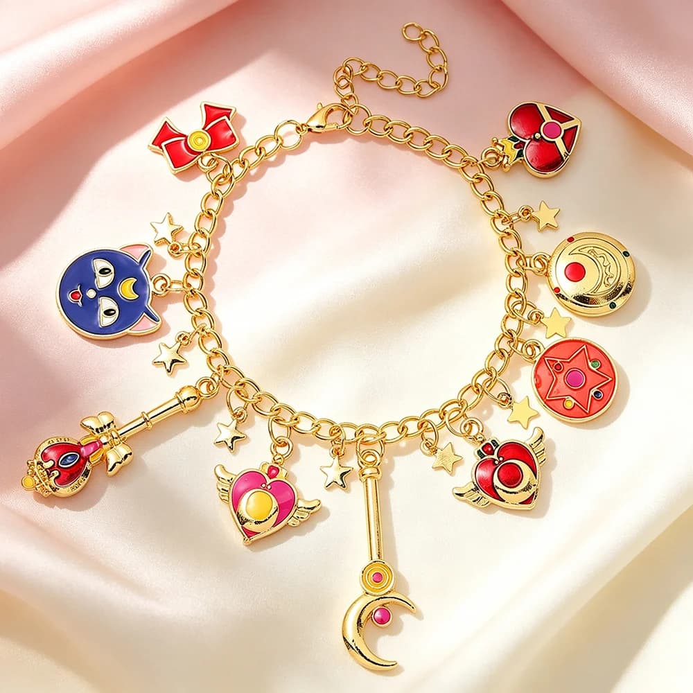 Sailor Moon Charm Bracelet, Gold Plated Anime Cosplay Bracelet with Luna Cat, Moon Pendants Cartoon Jewelry Gift for Fans