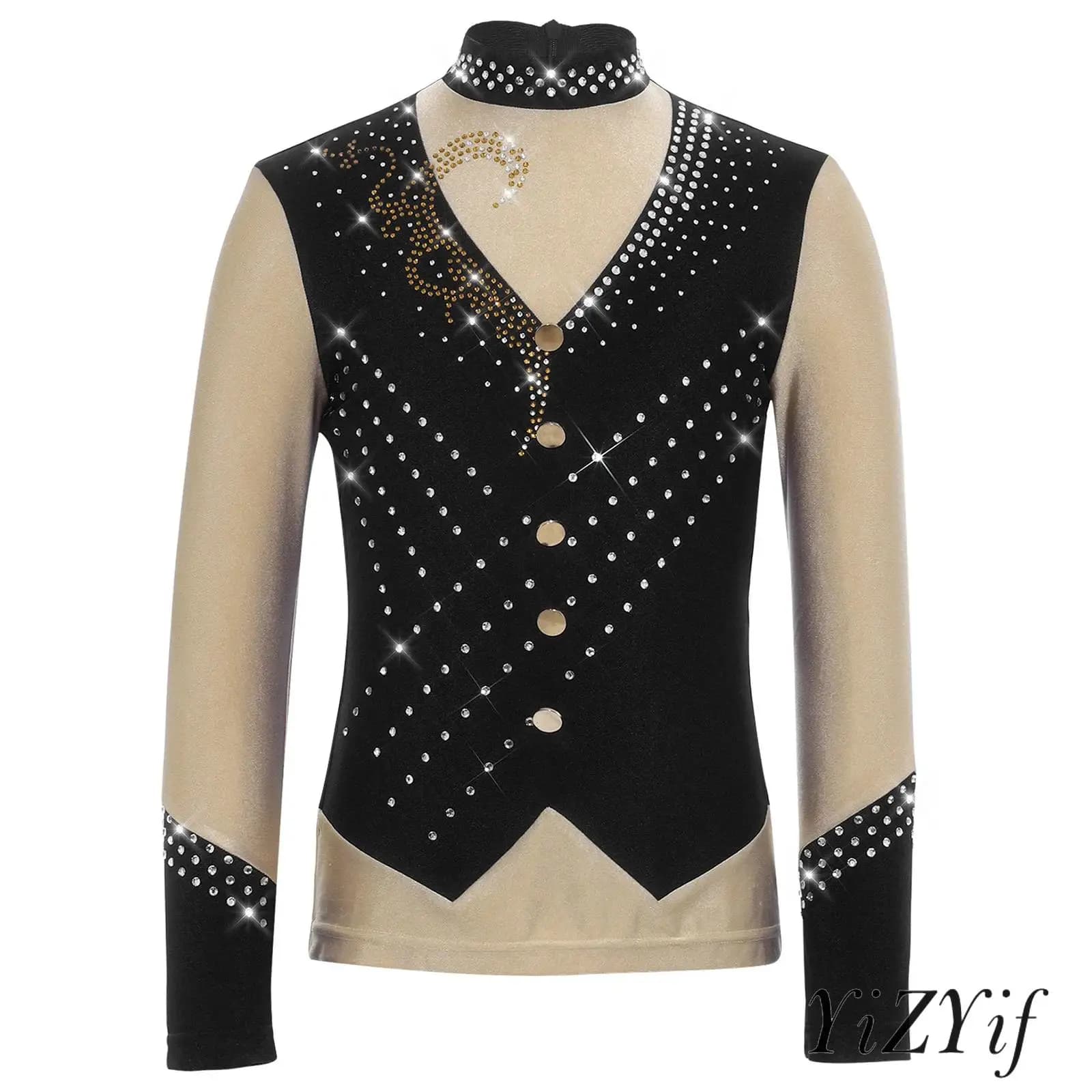 Costumi da Pattinaggio Artistico per Bambini e Ragazzi, Top con Strass Scintillanti, Collo Alto, Maniche Lunghe per Spettacoli di Danza e Performance sul Palco