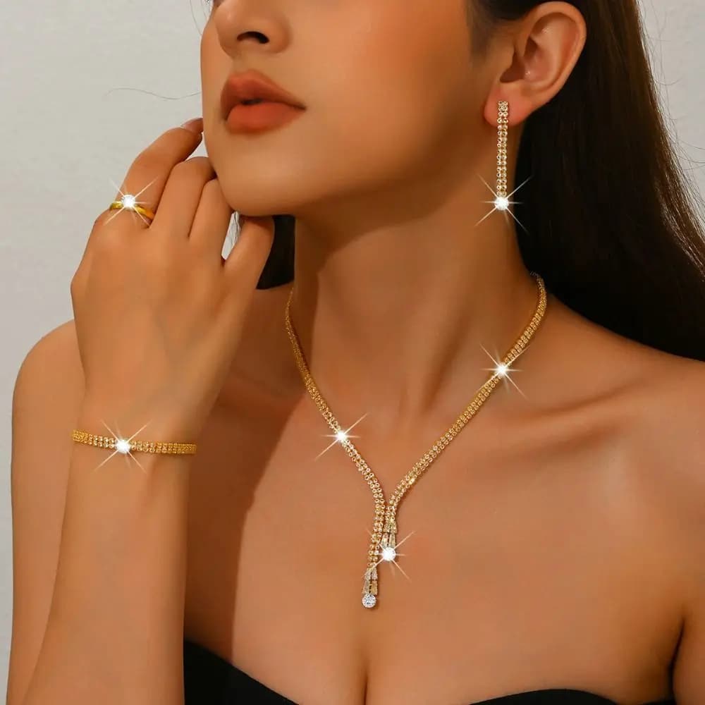 Light Luxury Bridal Jewelry Set Minimalist Gold Tone Earrings Bracelet Necklace Ring Set Fashionally Simple