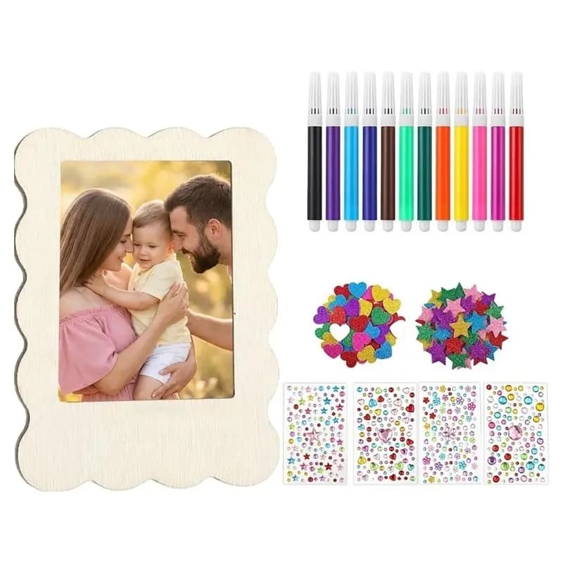 AB66-Wooden Picture Frame Set With 12 Watercolor Pencils Stickers Unfinished DIY Magnetic Photo Frames Fridge Photo Decor