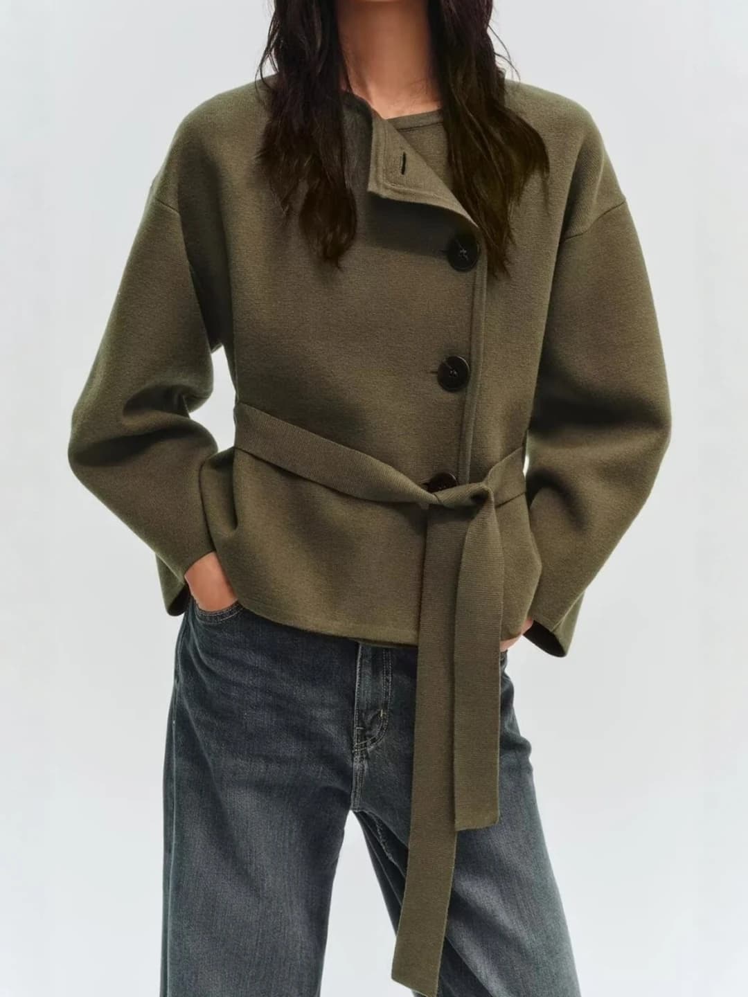 Olive Green Knitted Jacket with Belt And Decorative Buttons Casual Loose Fit Women's Short Outerwear Long Sleeve round Neck