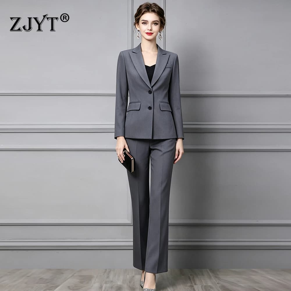 ZJYT Ladies Office Formal Trousers Suit for Women Autumn Elegant Long Sleeve Blazer and Pants Twe Pieces Matching Sets Outfits