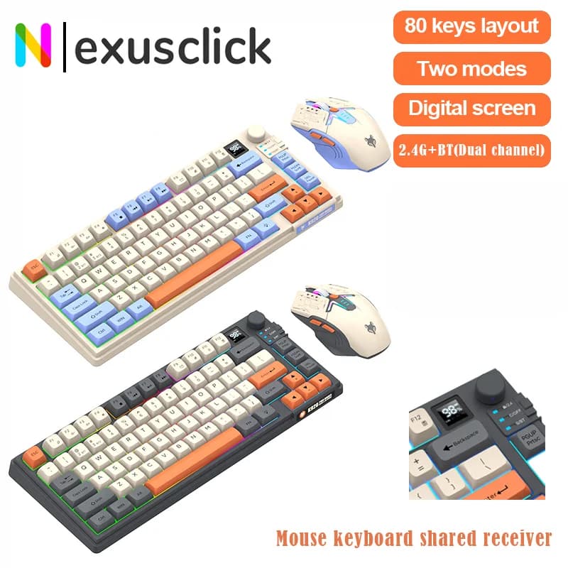 New Combo Keyboard and Wireless Mouse for Gaming, 2.4G+BT5.1, 80 Keys, Dual Mode, with Rainbow RGB Lighting for Office and Gaming