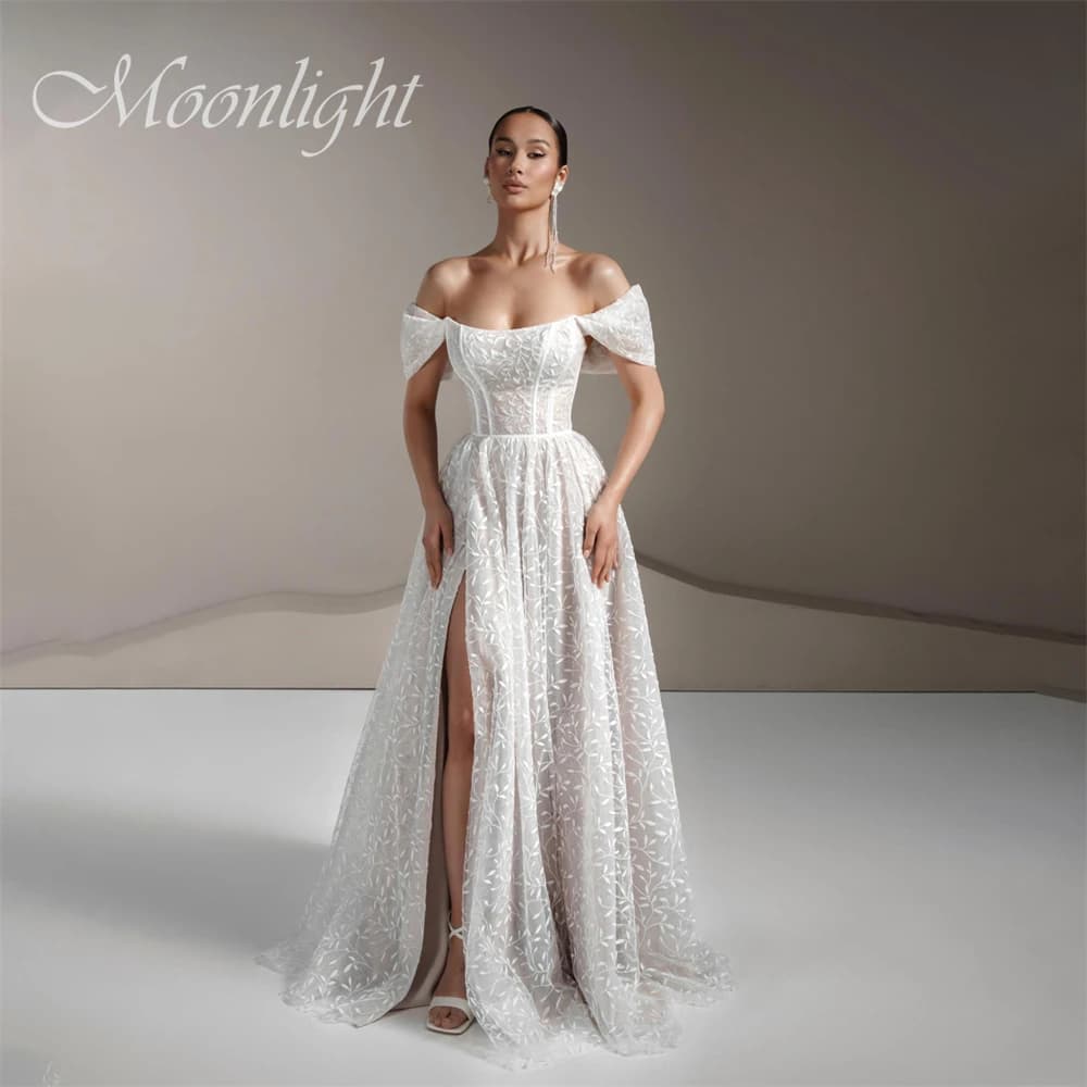 Elegante abito da sposa a trapezio in pizzo con pieghe 2026 Abito da donna con scollo a barchetta al largo della spalla aperto sul retro Abiti da sposa personalizzati