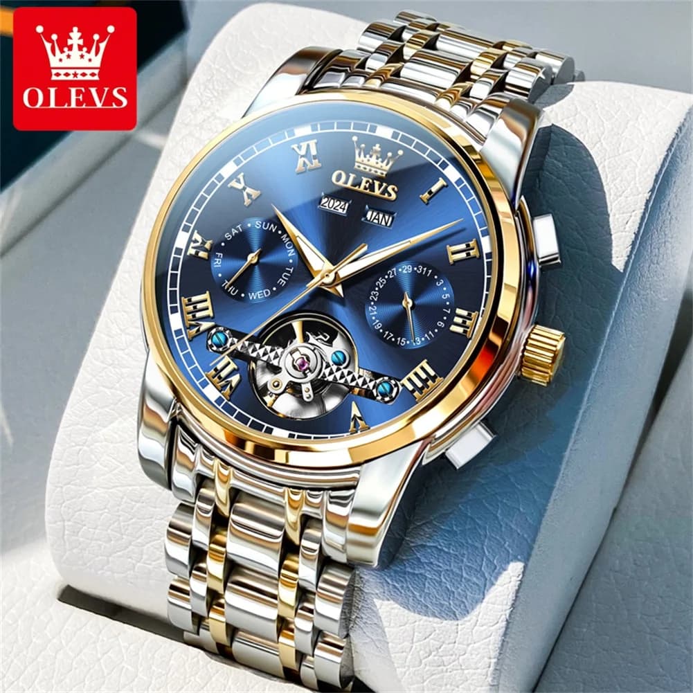 OLEVS 6607 Orologi da uomo automatici Top Orologio meccanico originale per uomo Orologio da polso con calendario impermeabile con volano scheletrato di lusso