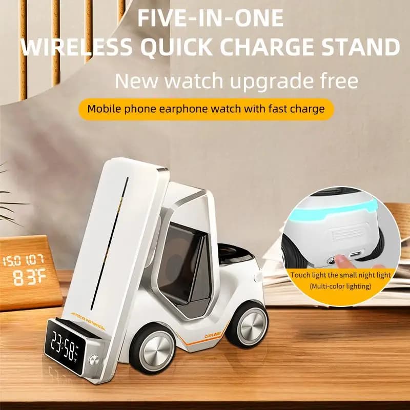 Caricabatterie wireless per telefono per auto 5 in 1 Supporto di ricarica rapido Caricabatterie multifunzionale per telefono Orologio Cuffia Caricatore a forma di carrello elevatore