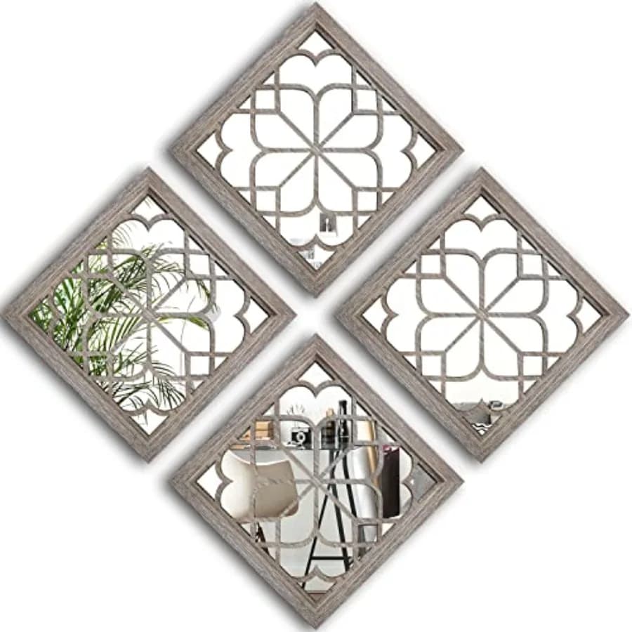 Set di 4 Specchi Quadrati da Parete, Splendido Specchio Rustico in Stile Fattoria, Specchio Colorato per Ingresso, Bagno e Camere da Letto