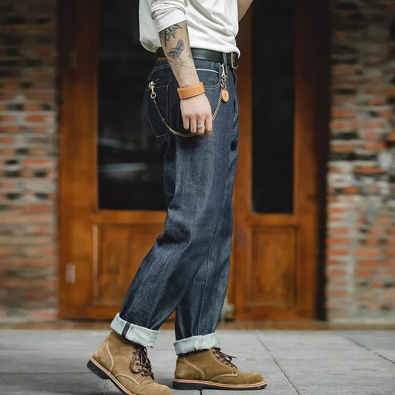 Maden Vintage 13,5 once Jeans in denim pesante lavati Pantaloni dritti a vita media Jeans in denim grezzo con cimosa indaco da uomo per l'autunno