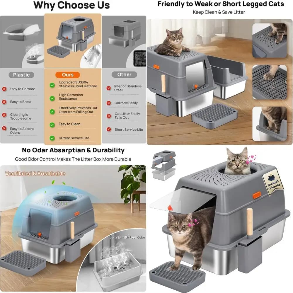 Lettiera per Gatti Extra Large in Acciaio Inossidabile con Pareti Alte e Triplo Pedale, Antiaderente, Anti-Perdita (XL Grigio)