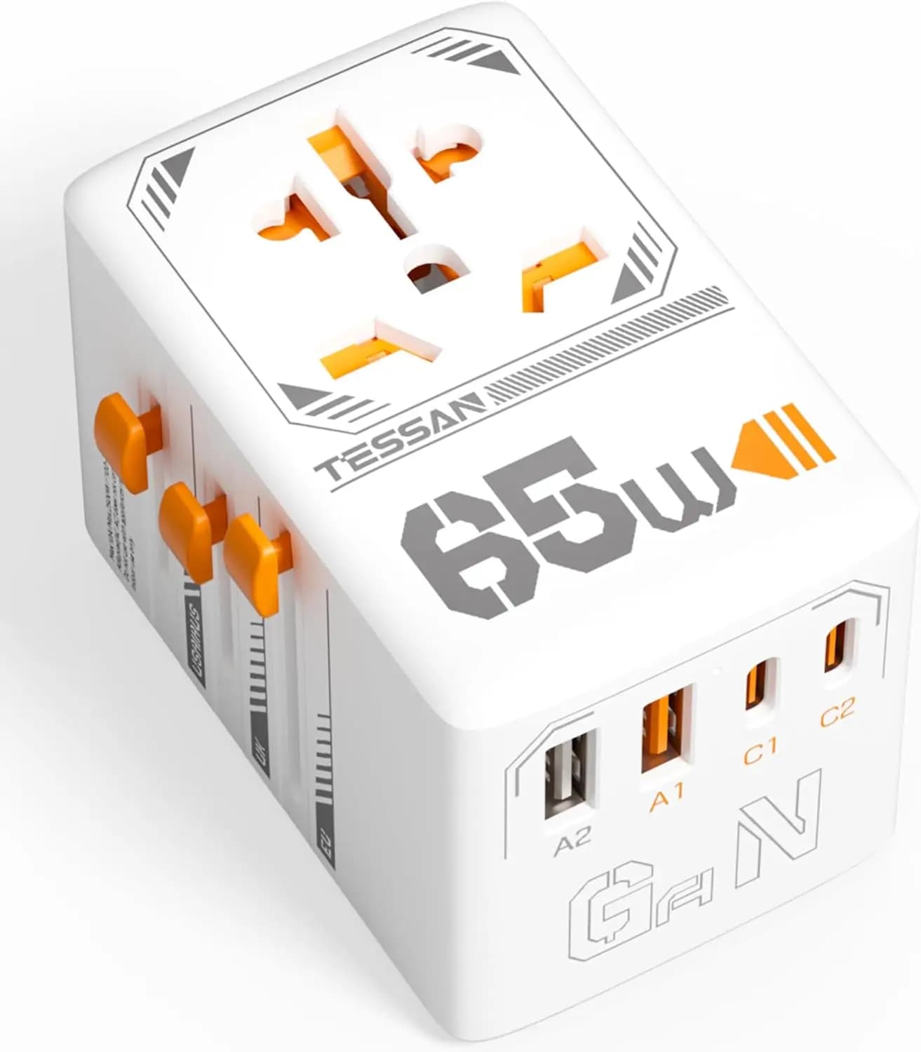 Adattatore da viaggio universale GaN da 65 W con 4 porte USB, caricabatterie in tutto il mondo per USA a UE Regno Unito AUS